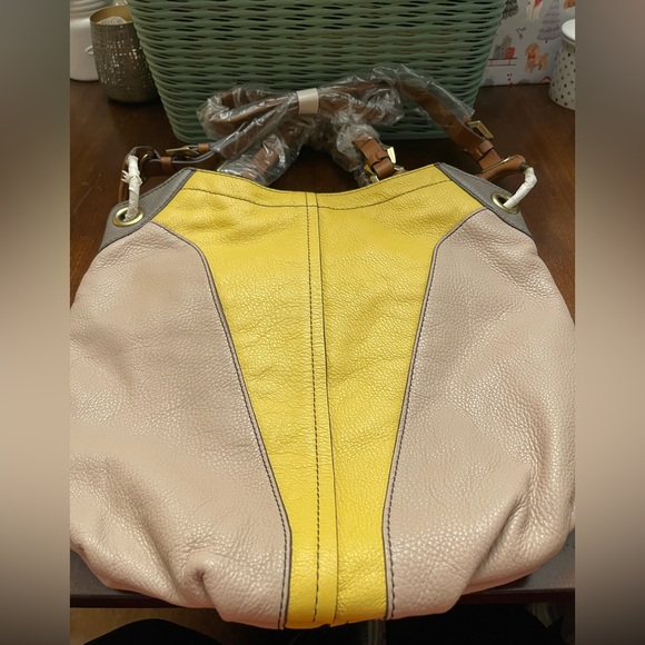 NWT OR YANY Pebble Leather Colorblock Victoria Yellow, Tan, Grey Large Hobo Bag - Picture 4 of 14
